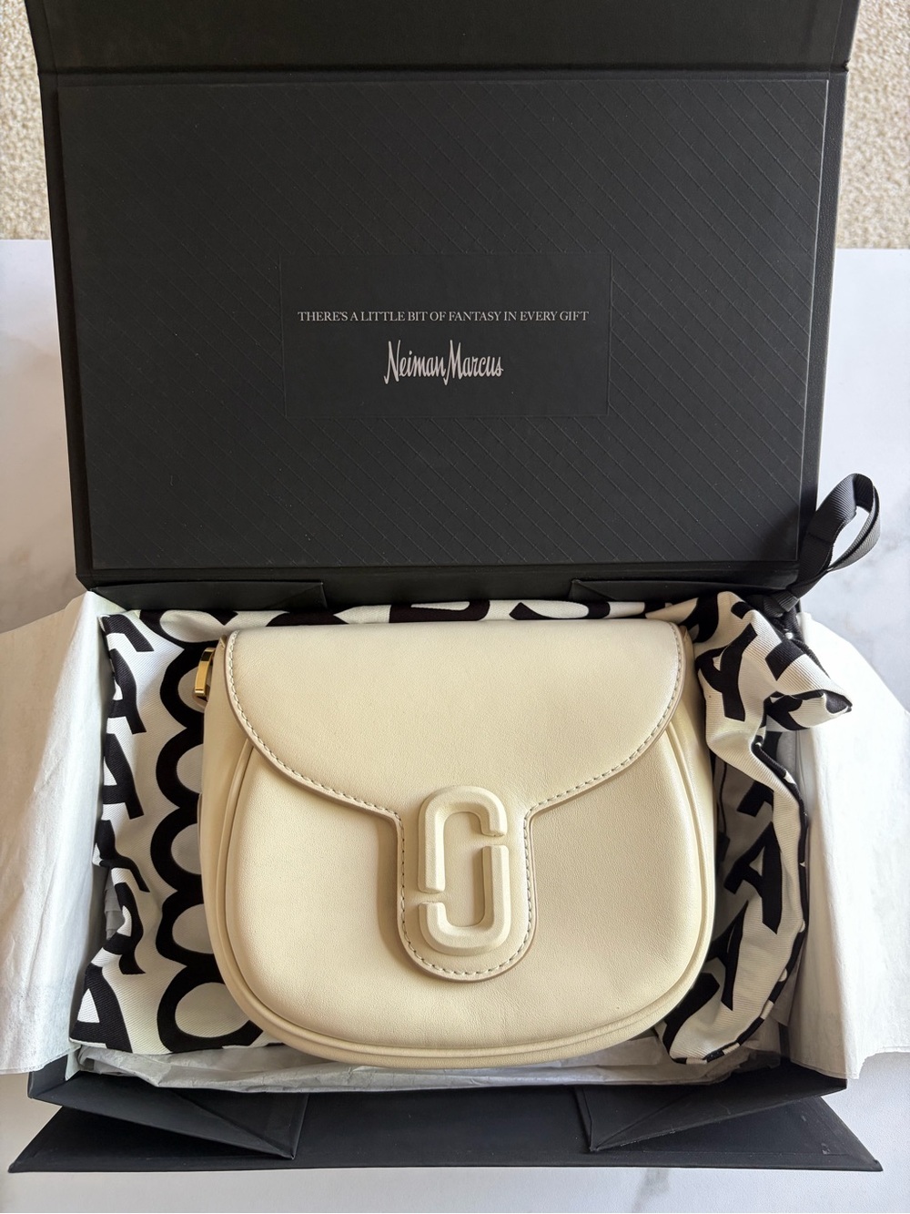 Marc Jacobs Cream Leather Crossbody Saddle Bag with Logo Accent